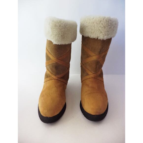 BASS TIG4 2 TONE BROWN SUEDE LEATHER PULL ON MID CALF WINTER BOOT WOMENS 9.5M - Picture 2 of 7